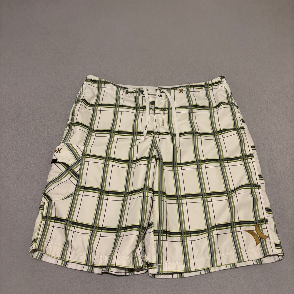 Hurley Mens Plaid Boardshorts Swim Trunks White Size 36 Beach Summer Outdoor